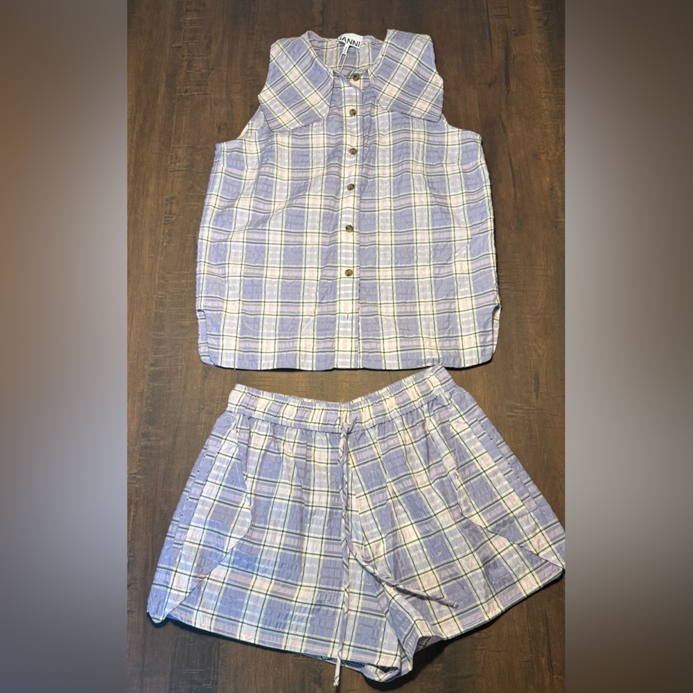 Ganni Purple Plaid Seersucker Matching Set